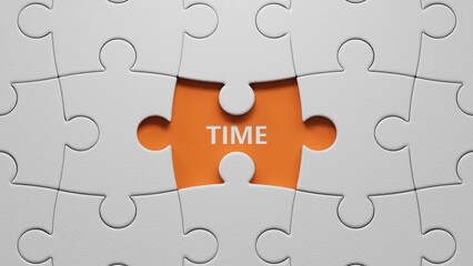 Poster - Time.The white puzzle pieces with missing pieces spelling.Flat lay view from above on  The white puzzle pieces with missing pieces buttons.IT technology concept.3D rendering on orange background.
