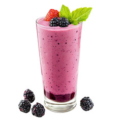 Poster - Delicious berry smoothie in glass, topped with fresh strawberries and mint leaves, surrounded by blackberries. Perfect for refreshing drink