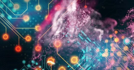 Poster - White and pink particles emerging from center swirling through teal circuits visualizing data flow