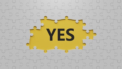 Poster - The word Yes written in black letters on wooden blocks. Message spells Yes. Business, motivation and education concept.3D rendering on yellow background.