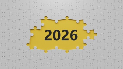 Poster - Happy new year 2026 success, investment, profit, money development, savings concept. 2026 number on The white puzzle pieces with missing pieces blocks.3D rendering on yellow background.