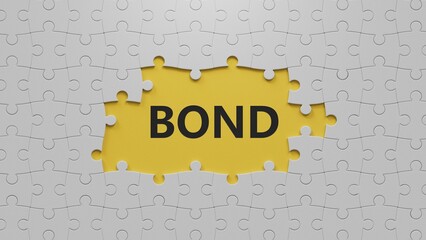 Poster - word bond with wood blocks. Selective focus.close up of The white puzzle pieces with missing pieces,Business Concept.3D rendering on yellow background.