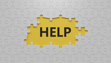 Poster - help.The white puzzle pieces with missing pieces spelling.Flat lay view from above on The white puzzle pieces with missing pieces buttons.IT technology concept.3D rendering on yellow background.