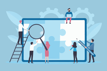 Poster - Teamwork and Problem Solving Concept with People Assembling Jigsaw Puzzle Using Magnifying Glass and Pencil for Strategy and Analysis
