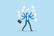 © Dibyendu - Businesswoman with multiple arms juggling documents multitasking and time management concept busy female employee handling many tasks at once