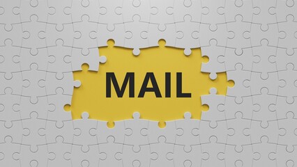 Poster - Mail.The white puzzle pieces with missing pieces spelling.Flat lay view from above on The white puzzle pieces with missing pieces buttons.IT technology concept.3D rendering on yellow background.