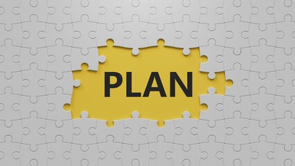 Poster - plan. The white puzzle pieces with missing pieces spelling.Flat lay view from above on The white puzzle pieces with missing pieces buttons.IT technology concept.3D rendering on yellow background.