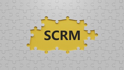 Fototapete - Abbreviation Scrm on The white puzzle pieces with missing pieces. Business analysis concept.close up of The white puzzle pieces with missing pieces,Business Concept.3D rendering on yellow background.