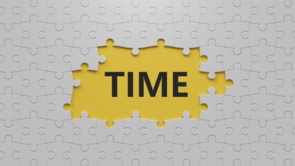 Poster - Time.The white puzzle pieces with missing pieces spelling.Flat lay view from above on  The white puzzle pieces with missing pieces buttons.IT technology concept.3D rendering on yellow background.