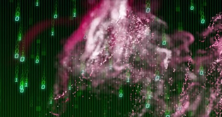 Poster - On launch pink cloud emerging, expanding, drifting across green binary grid to visualize data flow