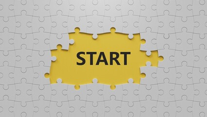 Poster - The white puzzle pieces with missing pieces with the word start. To start a business, job, project or career concept.3D rendering on yellow background.