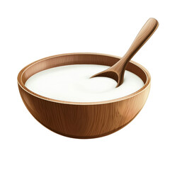 Poster - Creamy yogurt in wooden bowl with spoon, perfect for healthy snacks or breakfast. Enjoy smooth texture and rich flavor in your meals