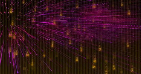 Poster - Bursting neon-pink streaks flowing through grid corridor carrying golden glyphs representing data