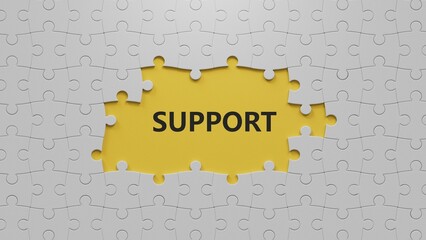 Poster - support.3D illustration of The white puzzle pieces with missing pieces.close up of The white puzzle pieces with missing pieces,3D rendering on yellow background.