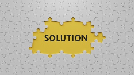 Poster - Solution.3D illustration of The white puzzle pieces with missing pieces.close up of The white puzzle pieces with missing pieces,3D rendering on yellow background.