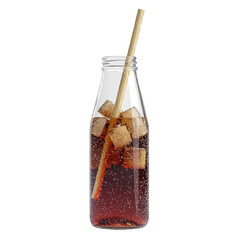 Aufkleber - Refreshing beverage in glass bottle with ice cubes and straw, perfect for hot days. Enjoy fizzy sensation and cool taste