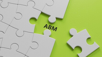 Poster - word abm with The white puzzle pieces with missing pieces.close up of The white puzzle pieces with missing pieces,Business Concept.3D rendering on green background.