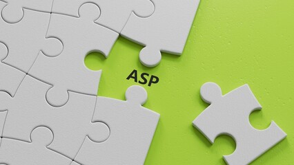 Poster - ASP sign on the The white puzzle pieces with missing pieces.Business Concept.close up of The white puzzle pieces with missing pieces,Business Concept.3D rendering on green background.
