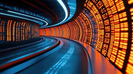 Poster - Dynamic light tunnel experience futuristic location 3d render neon environment perspective view digital art concept
