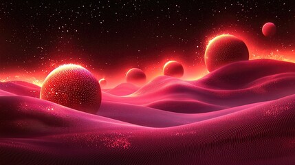 Poster - Cosmic exploration of surreal red landscapes with glowing spheres digital art outer space abstract immersive view