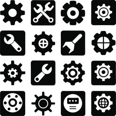 Aufkleber - Collection of black and white gear and wrench icons for mechanical engineering
