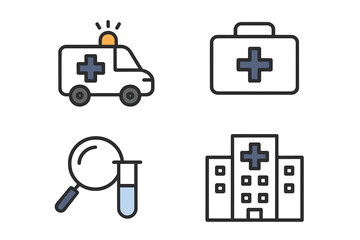 Poster - A collection of simple healthcare and medical line icons suitable for websites and mobile applications, featuring symbols like ambulances, first aid, research, and hospitals, all in 48x48 pixel