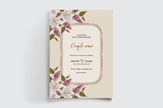 WEDDING INVITATION FRAME WITH FLOWER DECORATIONS AND FRESH LEAVES