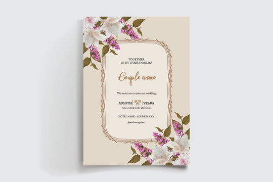 WEDDING INVITATION FRAME WITH FLOWER DECORATIONS AND FRESH LEAVES