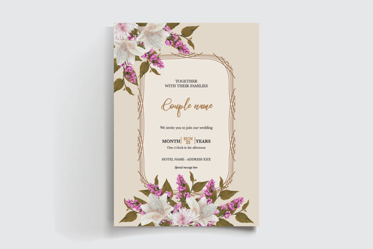 WEDDING INVITATION FRAME WITH FLOWER DECORATIONS AND FRESH LEAVES