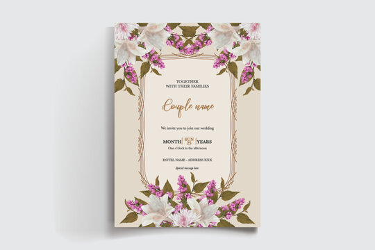WEDDING INVITATION FRAME WITH FLOWER DECORATIONS AND FRESH LEAVES