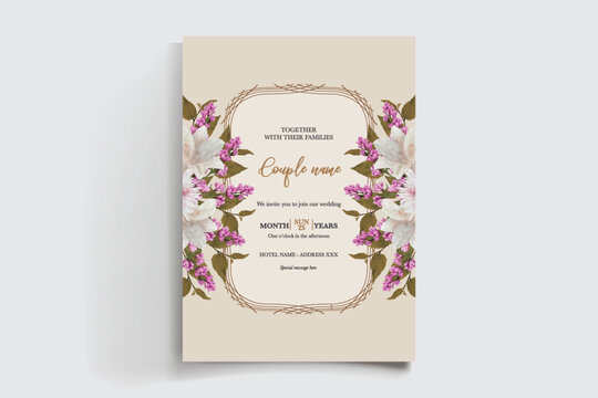 WEDDING INVITATION FRAME WITH FLOWER DECORATIONS AND FRESH LEAVES