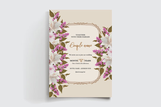 WEDDING INVITATION FRAME WITH FLOWER DECORATIONS AND FRESH LEAVES