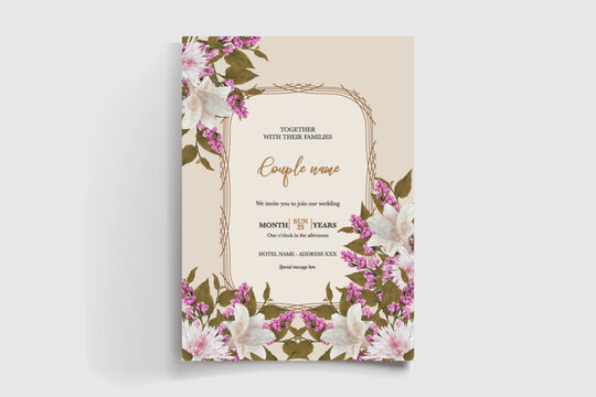 WEDDING INVITATION FRAME WITH FLOWER DECORATIONS AND FRESH LEAVES
