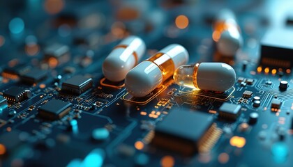 Poster - Close-up pharmaceutical capsules on circuit board with glowing elements. Medicine, tech innovation, healthcare concept. Futuristic design, research, science, health, wellness and laboratory.