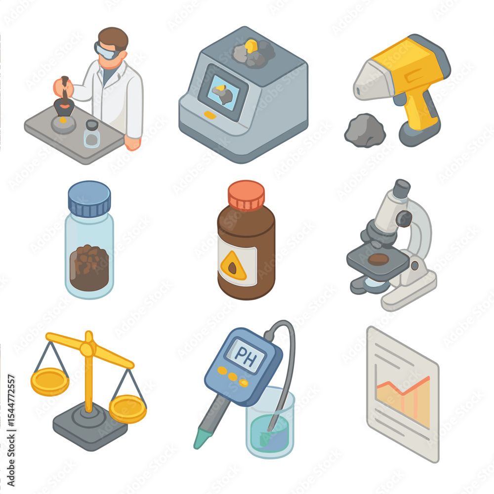 Ore Testing Icons. Isometric Flat icon set of ore quality testing ...