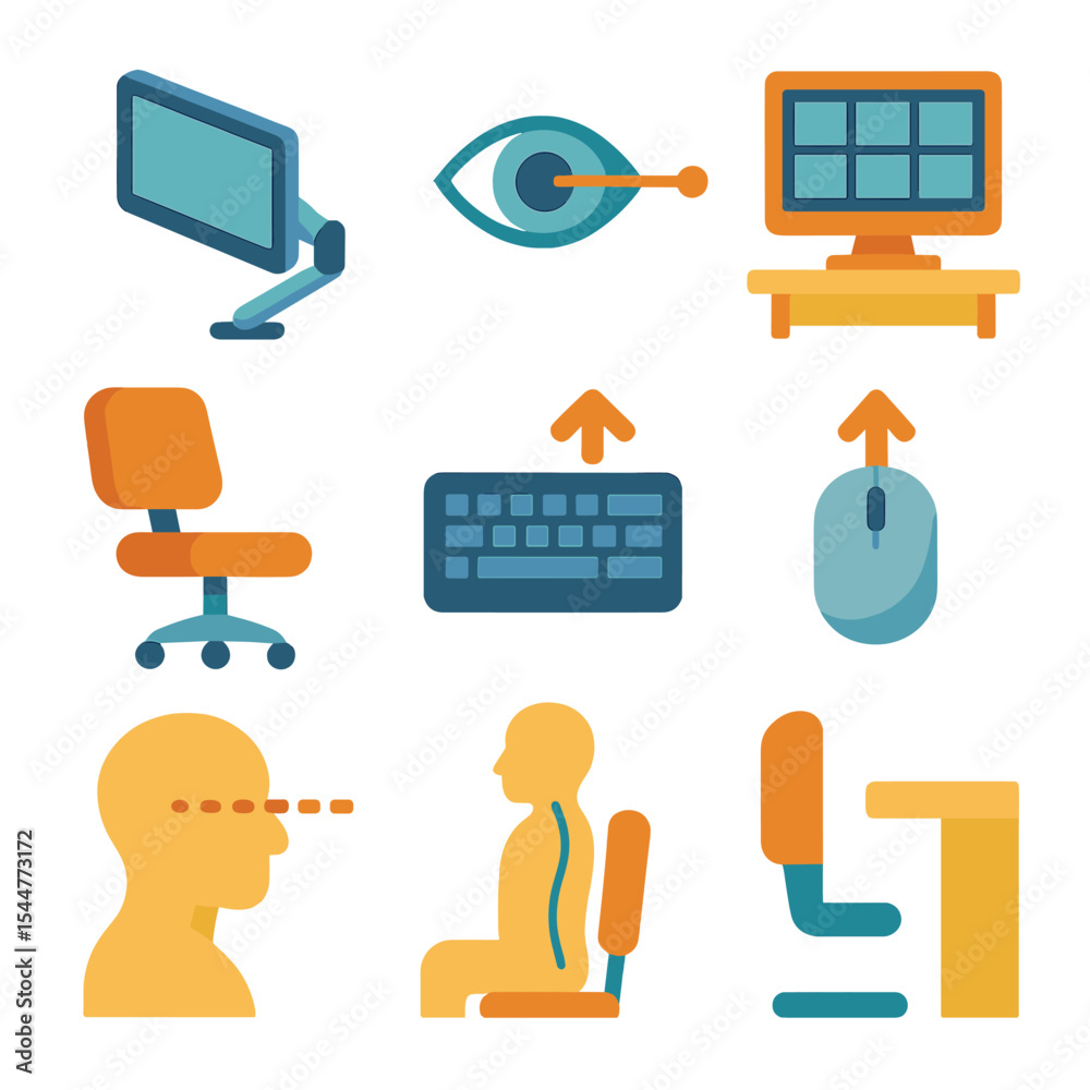 Ergonomic Workspace Icons. Isometric Flat icon set of monitor and chair ...