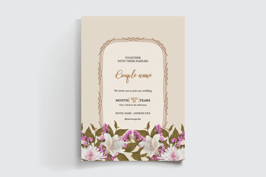 WEDDING INVITATION FRAME WITH FLOWER DECORATIONS AND FRESH LEAVES