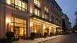 © AnotharS - Elegant hotel facade illuminated at night with decorative landscaping.