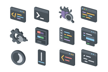 Isometric icons of coding and development tools on dark background