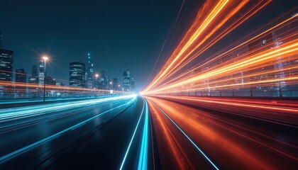 Leinwandbilder - Abstract illustration depicts swirling light trails over modern city at night. Dynamic flow creates futuristic tech vibe. Energy, movement, connection, speed, innovation, progress are concepts shown.