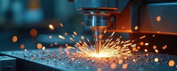 Poster - High-tech CNC milling machine shapes metal in modern industrial workshop. Sparks fly, creating dynamic visual of precision machining, advanced technology, manufacturing. Ideal for tech, engineering,