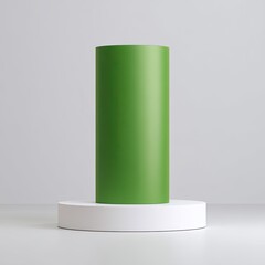 Poster - Minimalist Green Cylinder on White Pedestal Against Gray Background