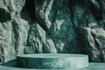 Poster - vibrant color picture of 3d render of empty podium platform with green textured background and rock 