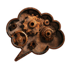 Poster - Rusty gears in thought bubble symbolize creativity and innovation, showcasing blend of industrial design and imagination