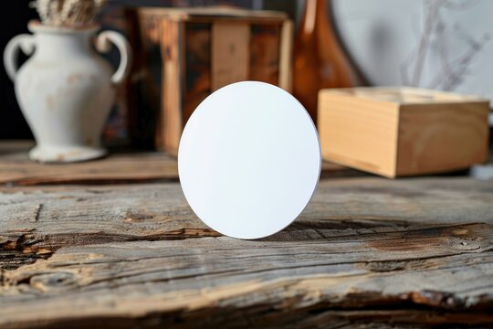 High Detail Picture of Mockup of a Round White Sticker on a Wooden Background