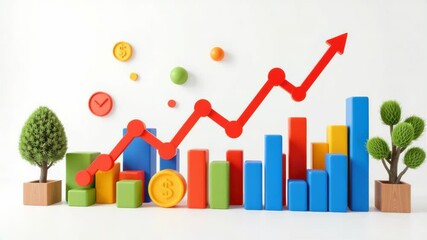 Poster - A colorful 3D bar graph with an upward trend arrow, surrounded by coin, clock icons, and small potted plants on a white background.