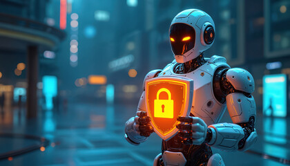  - Futuristic robot guardian protects data with shield, lock symbol. Cyber security concept, digital privacy, ai, technology. Robot in city night lights. Secure, confidential, safeguard, information.