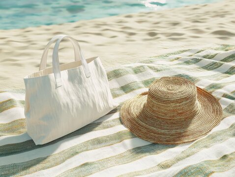 high resolution visual of A beach scene featuring a white tote bag and a straw hat on a striped blanket high detail 8k