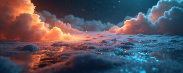 Poster - Digital landscape with glowing particles, dreamy clouds. Celestial night scene with atmospheric perspective. Abstract background, space with glowing particles, clouds, light, orange, red, blue colors.