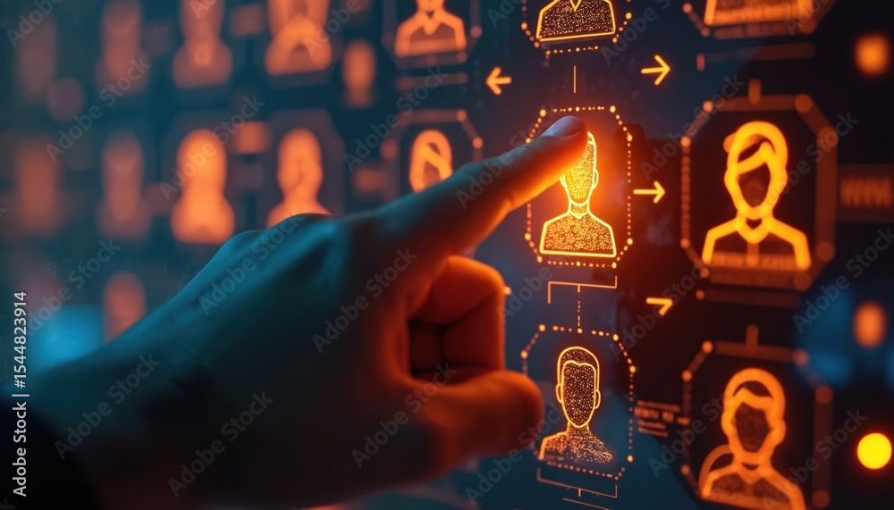 Hand selects user profile from futuristic interface with glowing ...